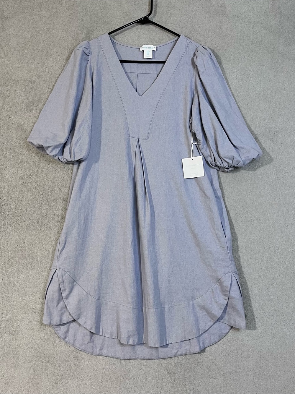 NWT Cynthia Rowley Lilac V-Neck Puff Sleeve Dress Linen Viscose Womens XS